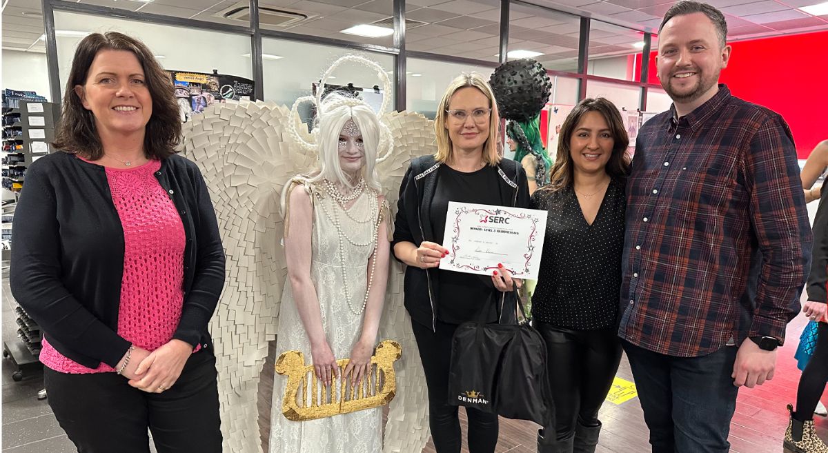 (L-R) - Maria Stafford (Denman Brush Representative), Naomi Seaton (Model), 1st Place Winner Lisa Dunn (Level 3 NVQ Diploma in Hairdressing), Sunita Shaw (Make-up Artist), Stephen Hanna (SERC Hairdressing Lecturer and Hairdresser)